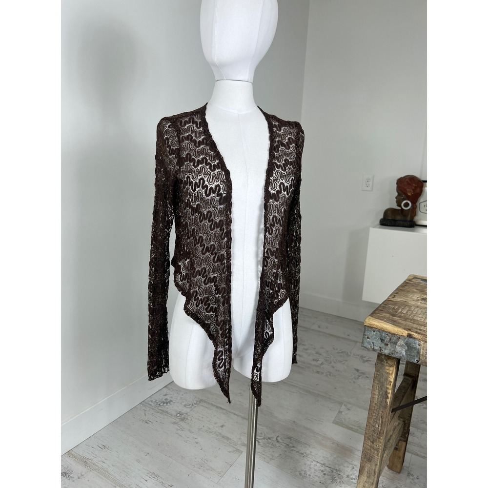 Creative Design Works Brown Gold Metallic Lace Tie Front Shrug Bolero Medium USA